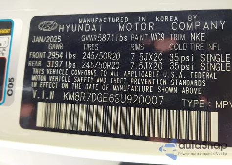 2025 Hyundai Palisade Calligraphy/Calligraphy Night Edition из США, поврежденный, VIN KM8R7DGE6SU920007